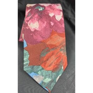 Lorenzo Selini Men's Silk Necktie Floral Red Pink Green Vintage Classic Tie